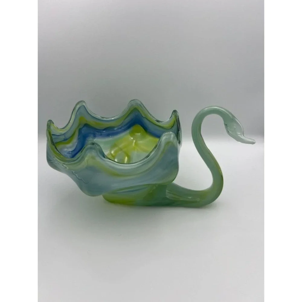 Vintage Art Glass Swan Bowl Blue Green Yellow Swirl Ruffled Edge Centerpiece